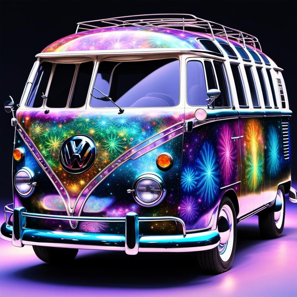 Cosmic VW Bus in Watercolor and Ink