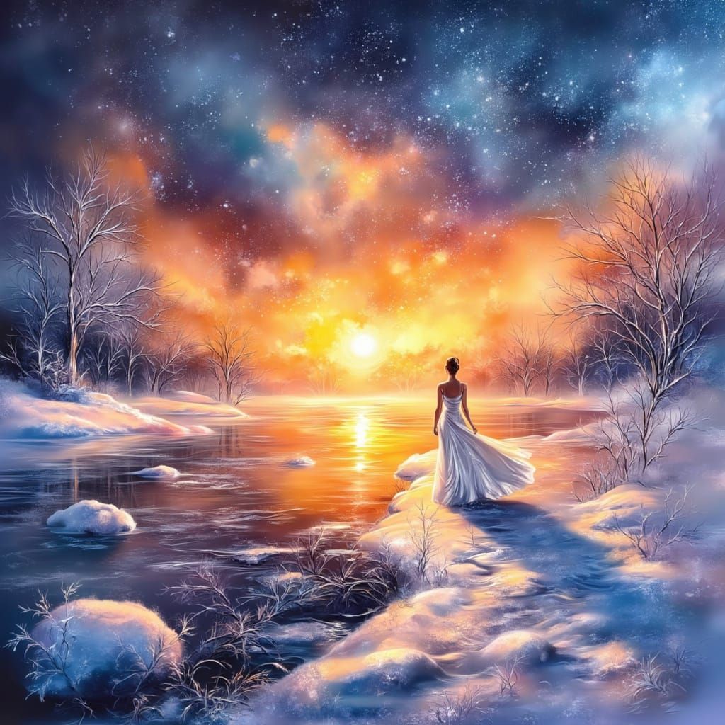 Surreal Woman in White Gown Under Snowfall