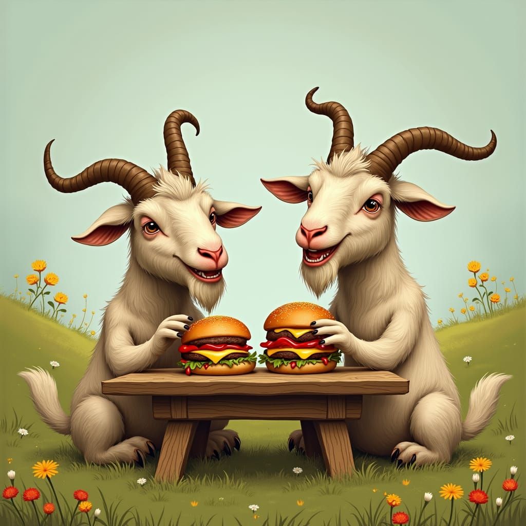 Goats Eating Cheeseburgers in Storybook Illustration