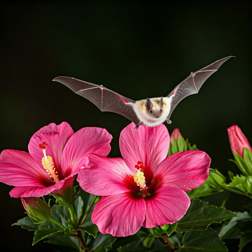 Delicate Honduran White Bats in Flight Over Vibrant Pink Hib...
