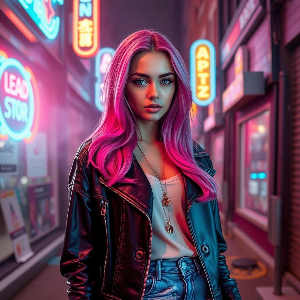 Synthwave Woman with Pink Hair in Neon Alley