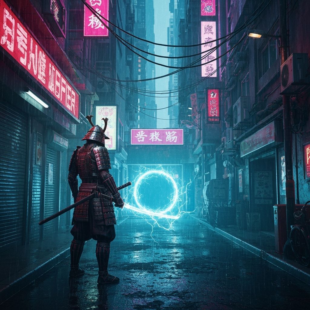 Cyberpunk Samurai Guarding Portal in Neon Cityscape