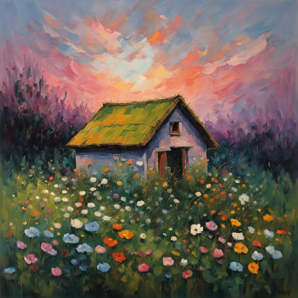 Abandoned Hut in Wildflower Field with Twilight Bloom