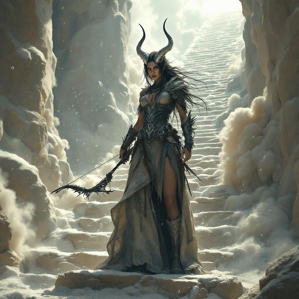 Huntress Goddess on Desert Stairs in CGI Style