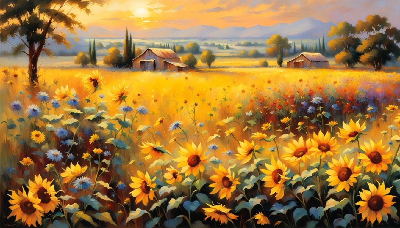 Velvet Sunflowers in Lush Field at Dawn