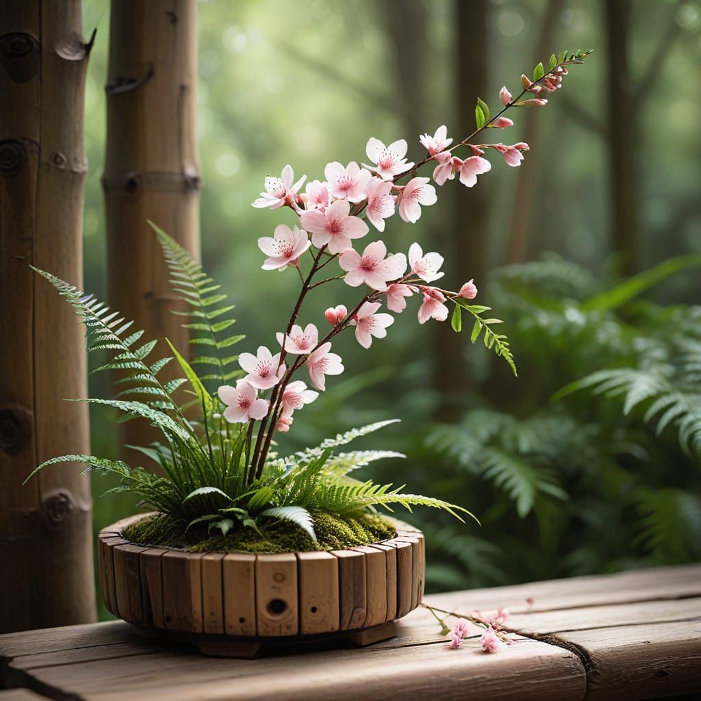 Vibrant Ikebana Arrangement with Cherry Blossoms