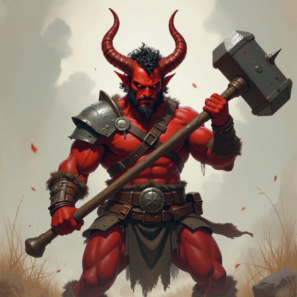 Tiefling Barbarian with War Hammer in Frazetta Style