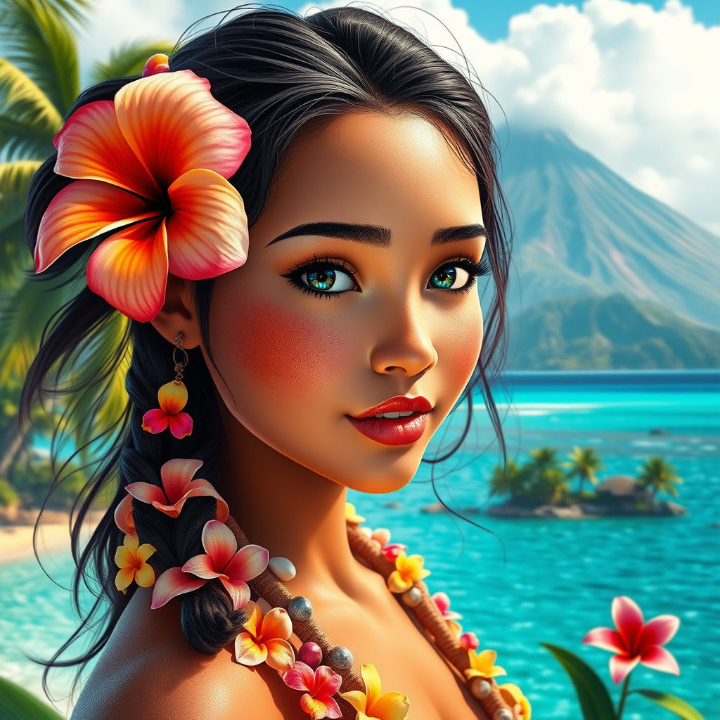 Tropical Island Girl with Hibiscus Flower: Matte Painting