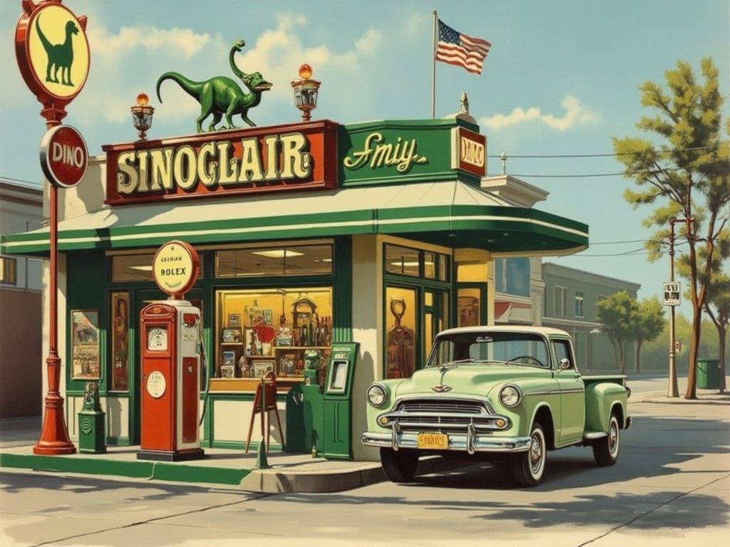 Vintage Sinclair Gas Station in Warm Amber Light