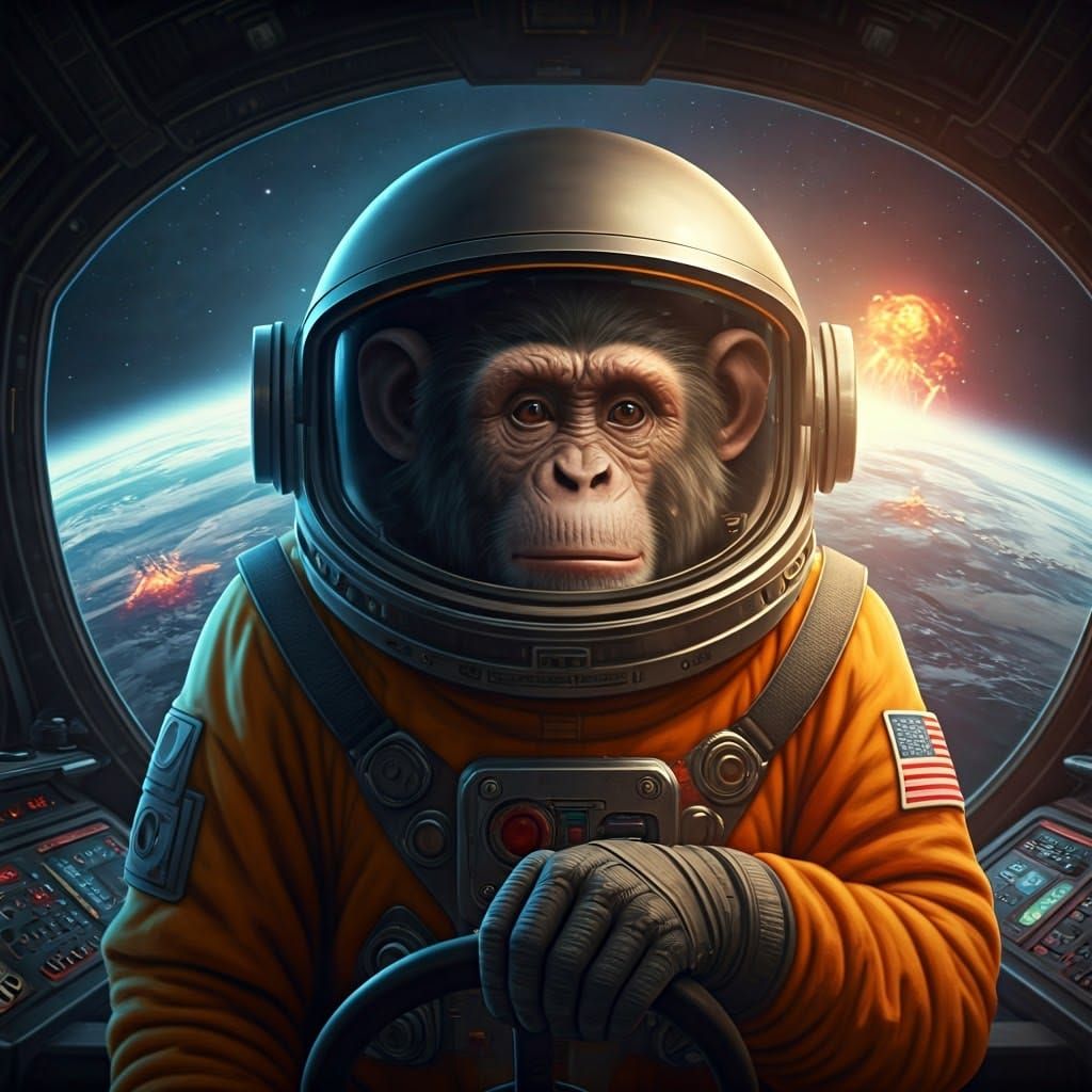 Astronaut Monkey Piloting Spaceship as 1970s Film