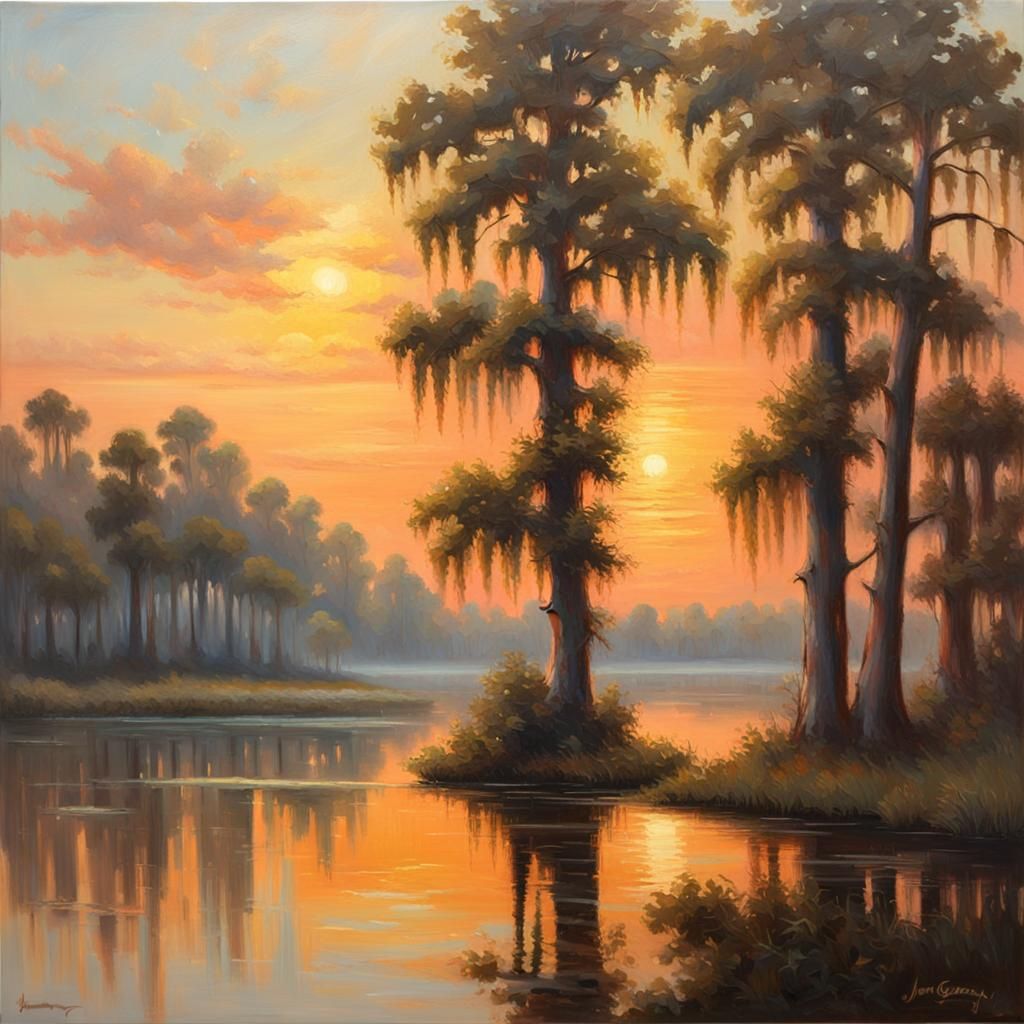 Idyllic Bayou Sunset in Impressionist Style