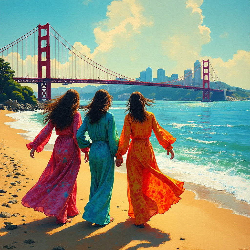San Francisco Hippies on Beach in Abstract Style