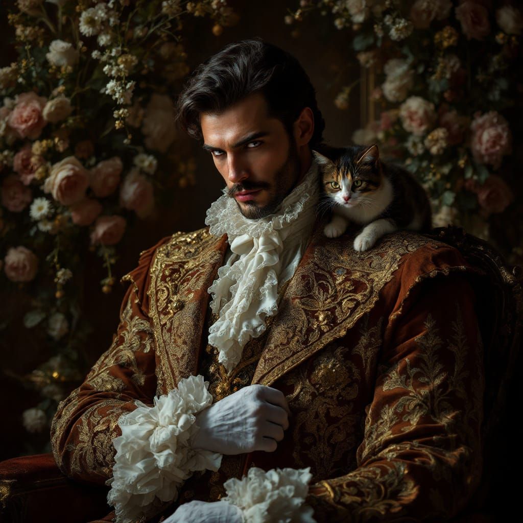 Baroque Gentleman with Cat in Dimly Lit Ballroom