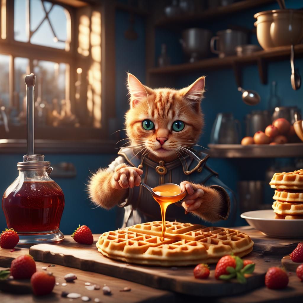 Cat Pours Syrup on Waffles: Detailed Matte Painting