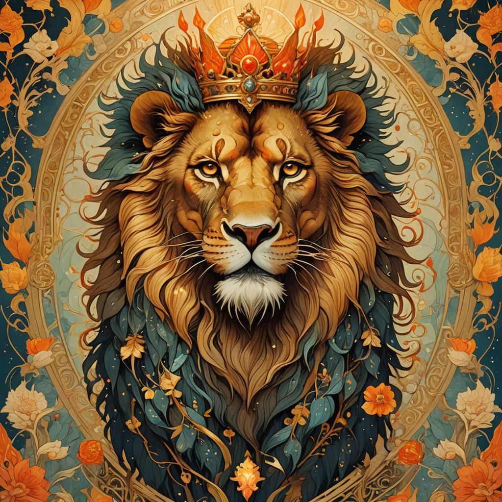 Flaming Lion King Portrait in Ornate Style