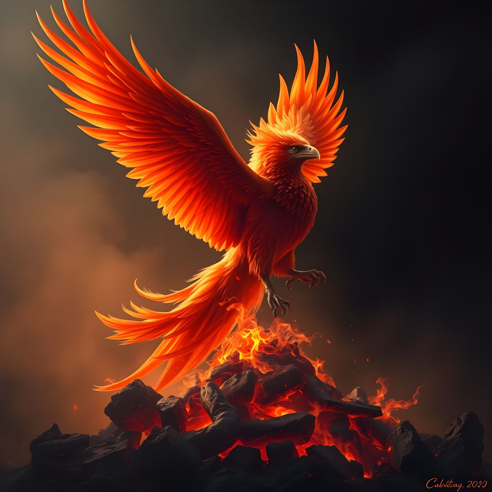 Majestic Phoenix Rises from Ashes in Fiery Digital Painting