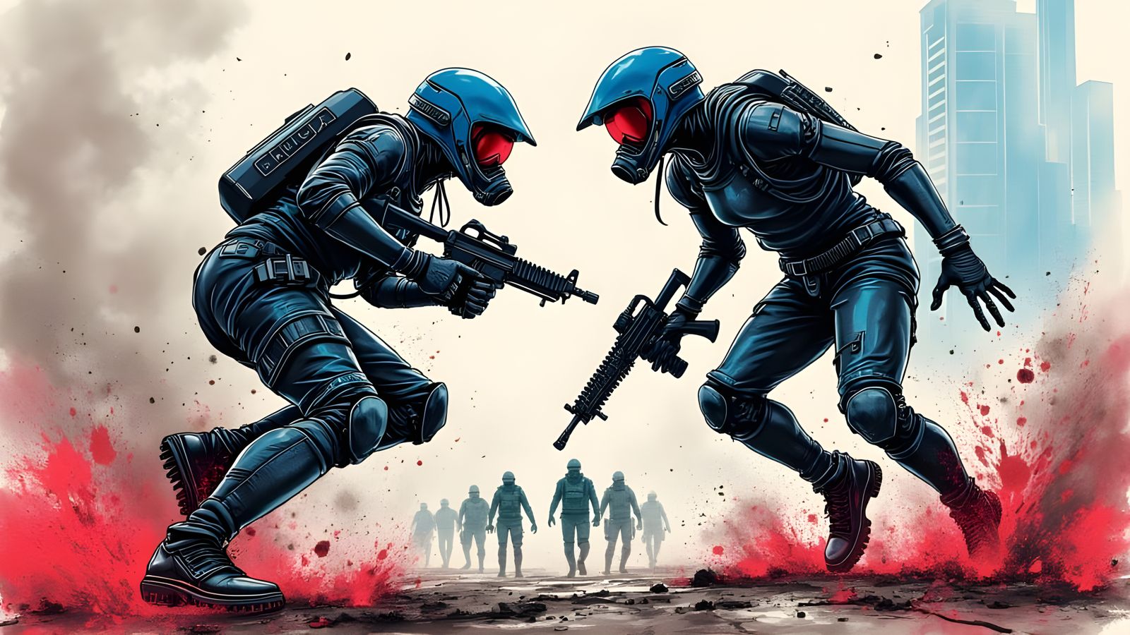 Cyberpunk Assassins Engage Riot Police in High-Energy Battle