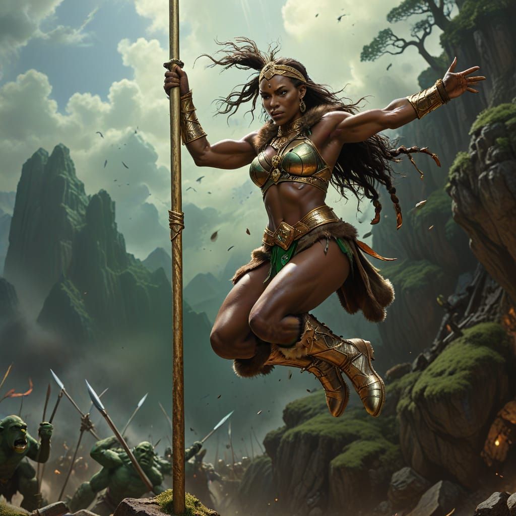 Acrobatic Warrior's Battlefield Leap in Fantasy Art Style