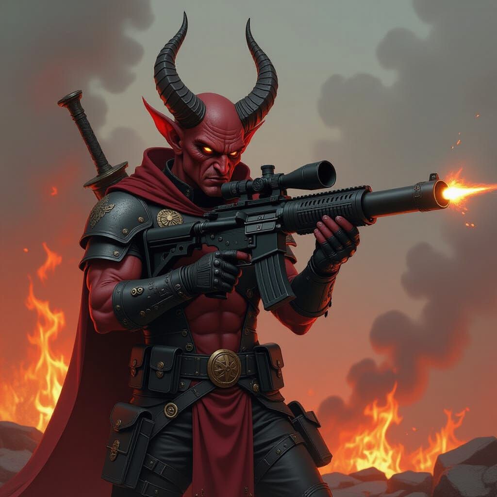 Demonic Warrior with Bazooka in Retro-Futuristic Style