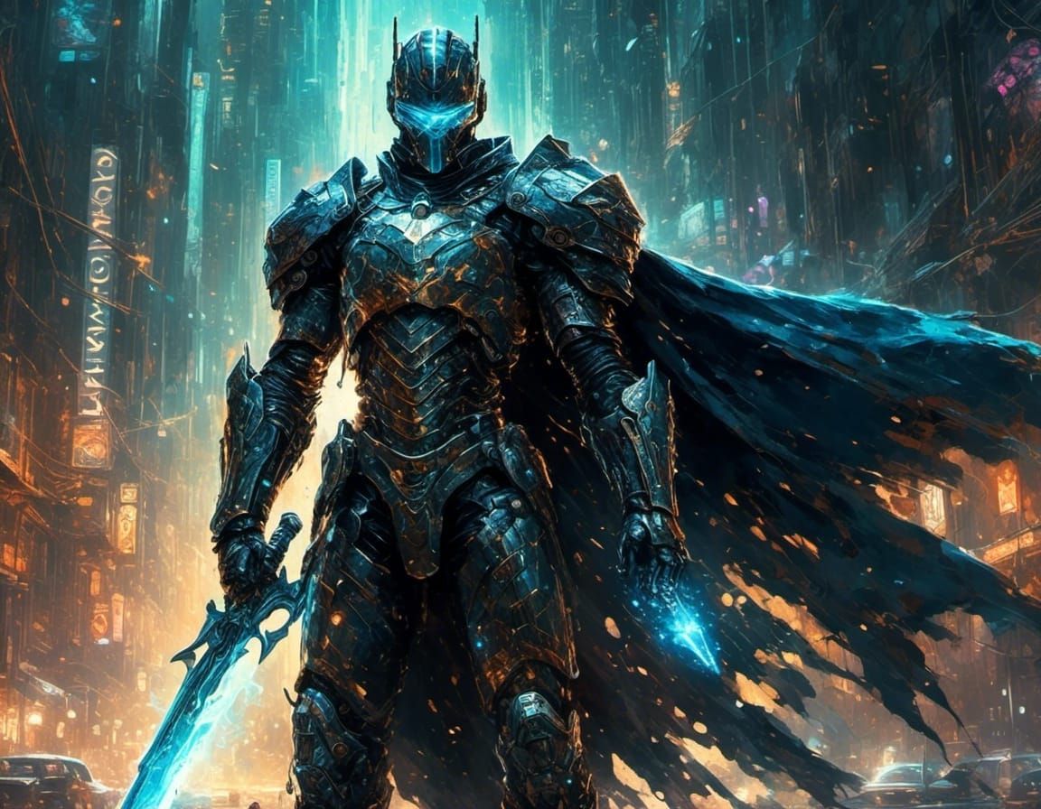 Sci-Fi Knight in Cyberpunk Dystopia with Laser-Sword