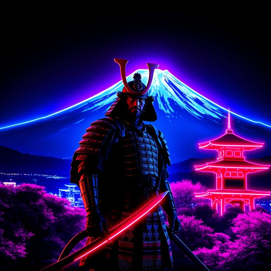 Samurai and Mount Fuji in Fluorescent Neon Lights