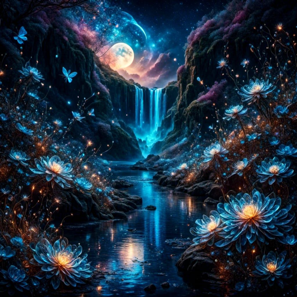 Magical Blue Flowers in Bioluminescent Moonscape