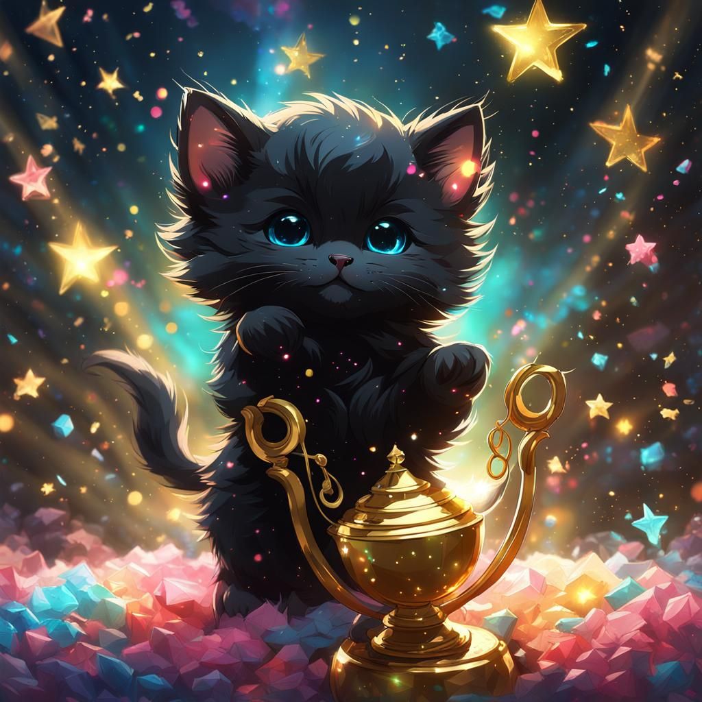 Celestial Kitten Wins Trophy Amidst Rainbow Confetti