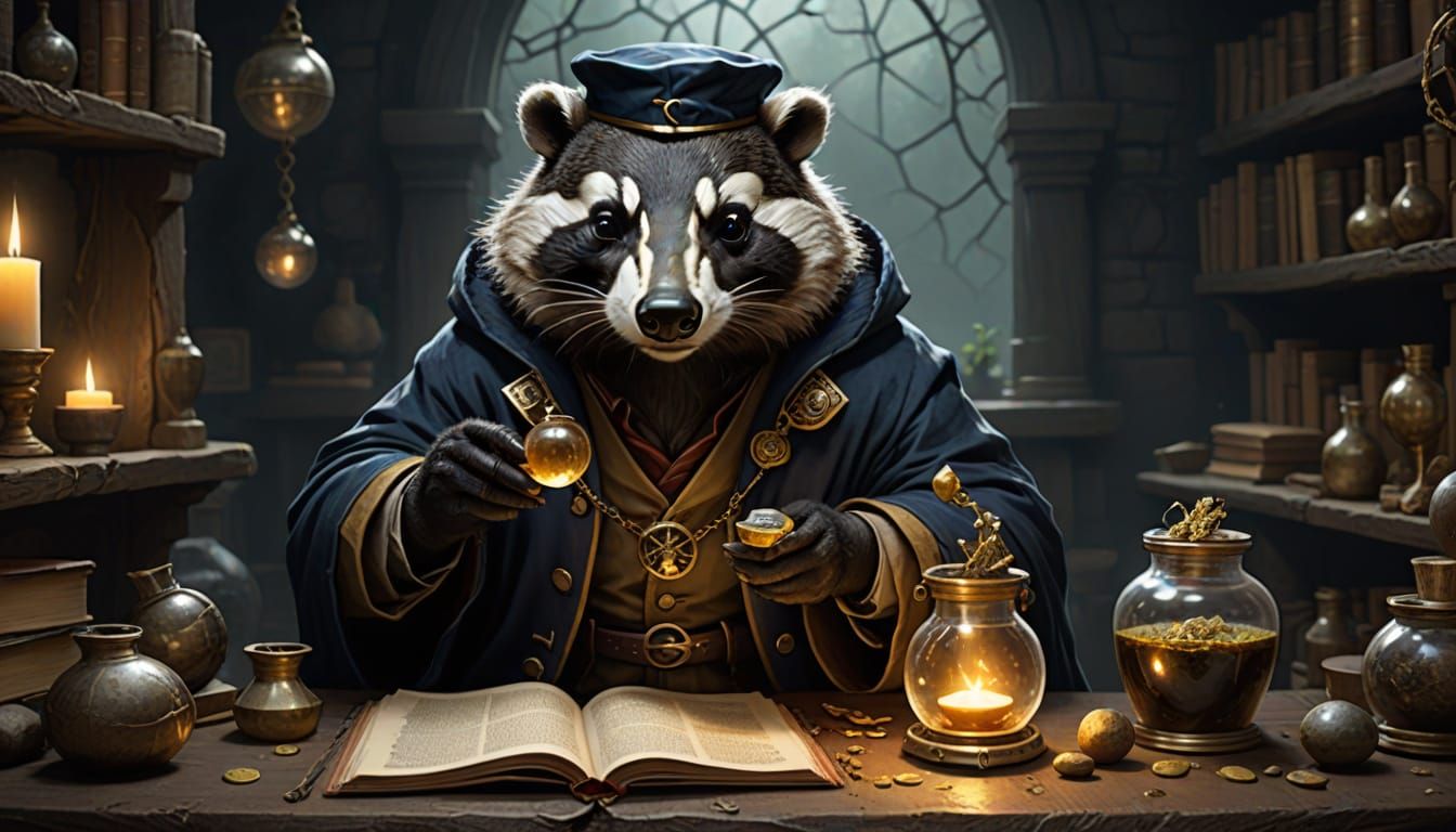 Young Badger Alchemist with Soot-Streaked Fur and Brass Gogg...