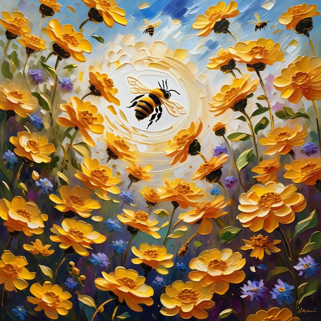 Bee Spreading Pollen Over Flower Field, Impressionist Oil Pa...