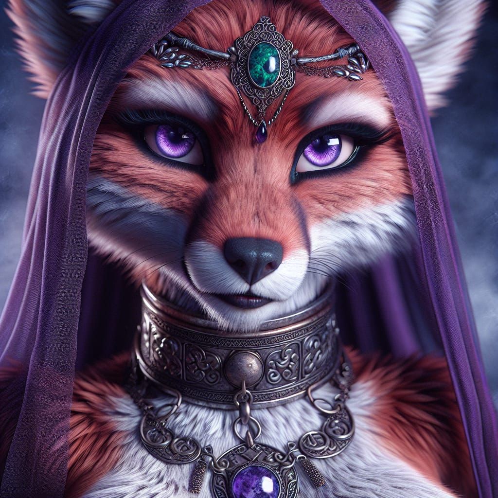 hyper-realistic beautiful ethereal female anthropomorphic red fox in a belly dancer type outfit