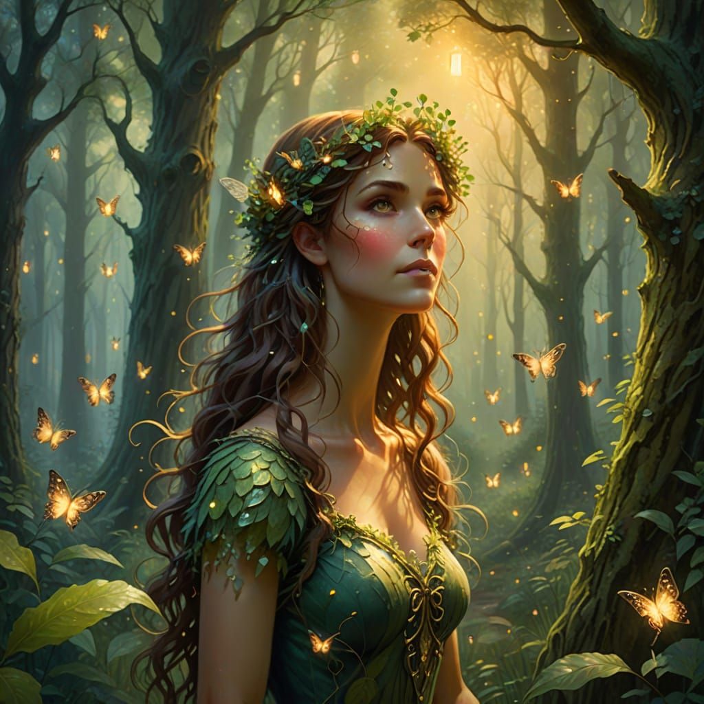 Whimsical Dryad in Misty Forest, Thomas Kinkade Style