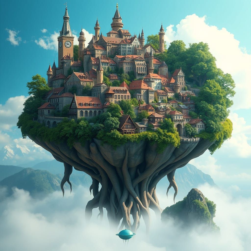 Enchanted Floating Cityscape in Whimsical, Medieval Style