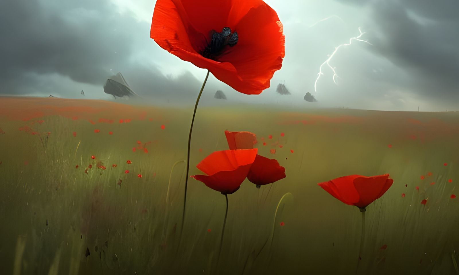 Red Poppies in Steppe Thunderstorm, Hyperdetailed Art