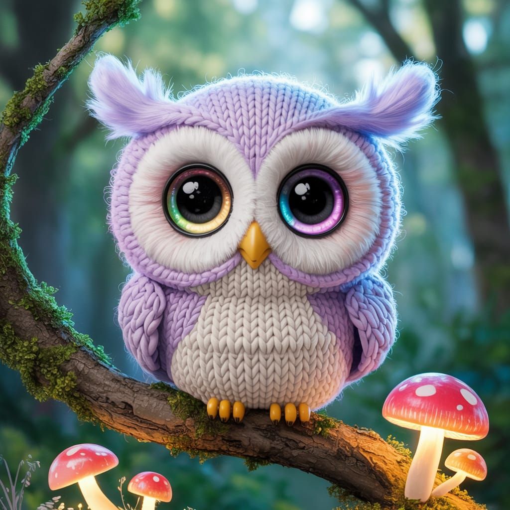 Cute Knitted Yarn Owl Portrait in Chibi Style