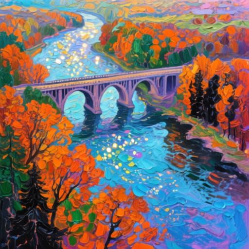 Autumn River Bridge in Bold Impasto Style