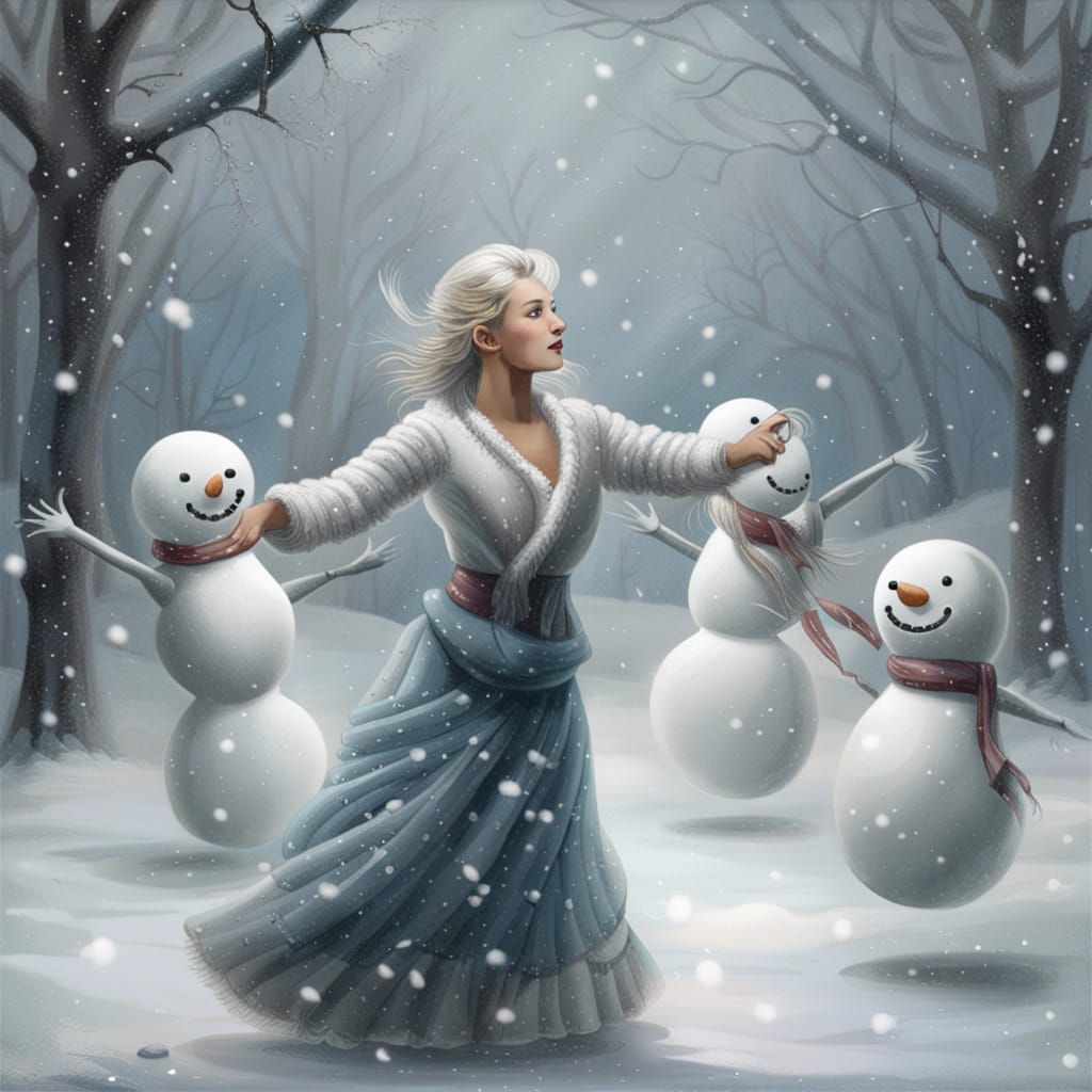 Winter Dance in Snowfall with Snowmen