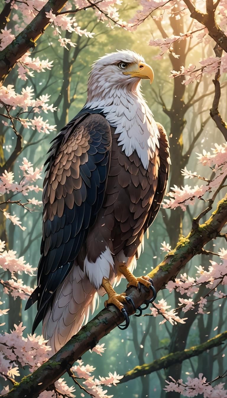 Ethereal Eagle Perched in Serene Sakura Forest