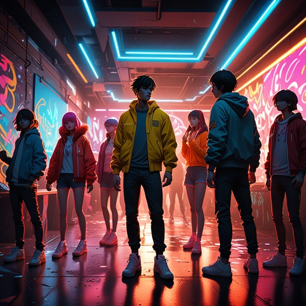 Vibrant Rave Party in Neon Graffiti Style