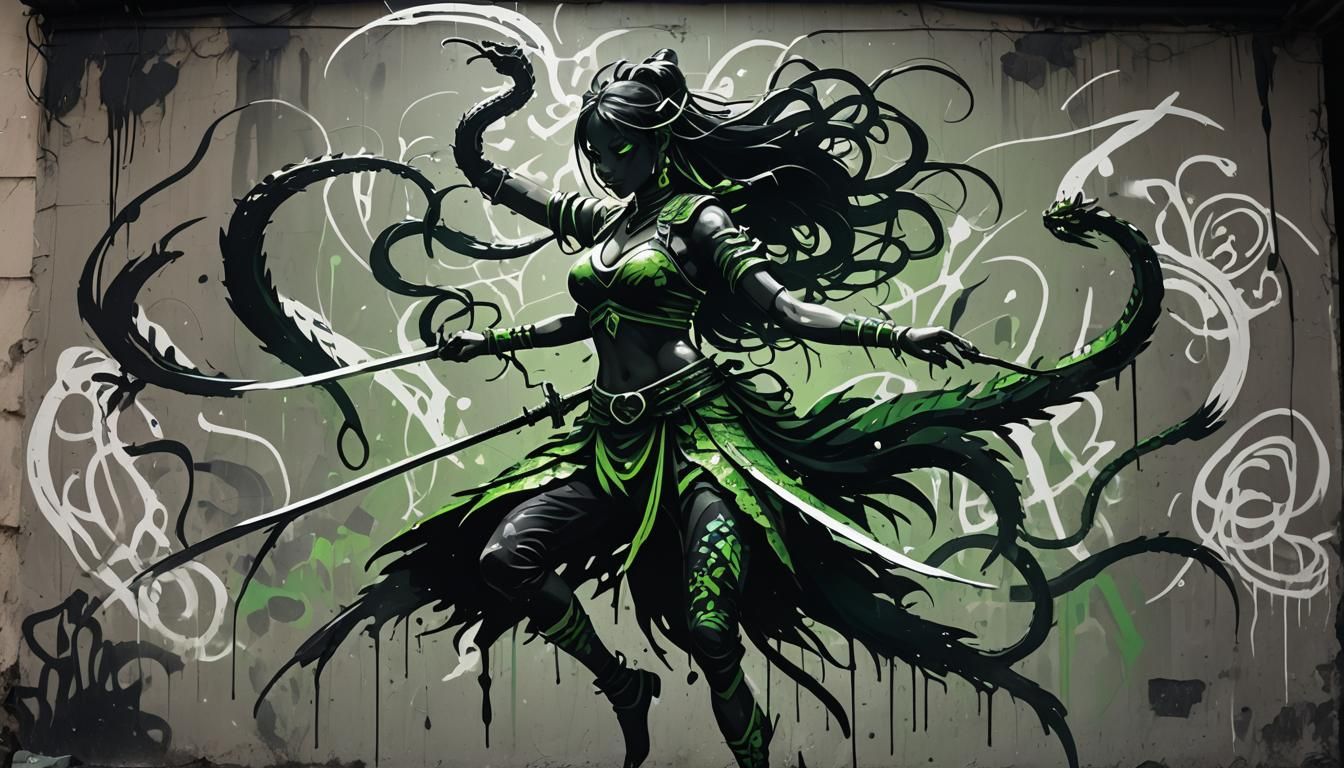 Naga Girl Dancing with Daggers in Graffiti Art