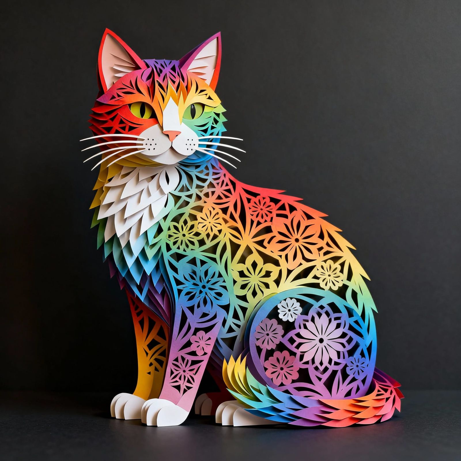 Rainbow Fractal Cat Kirigami Art