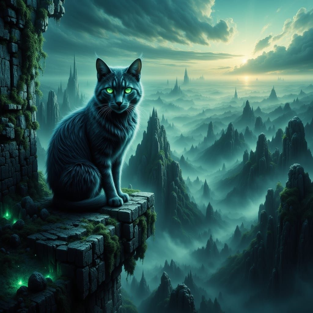 Majestic Cat on Gargoyle Overlooking Foggy Valley