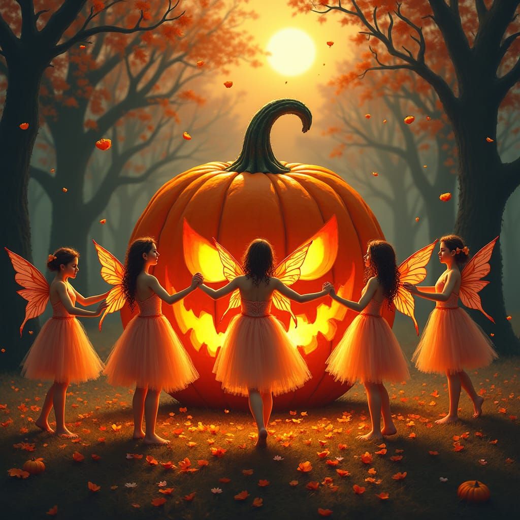 Fairies Dance Around Halloween Pumpkin, Matte Painting