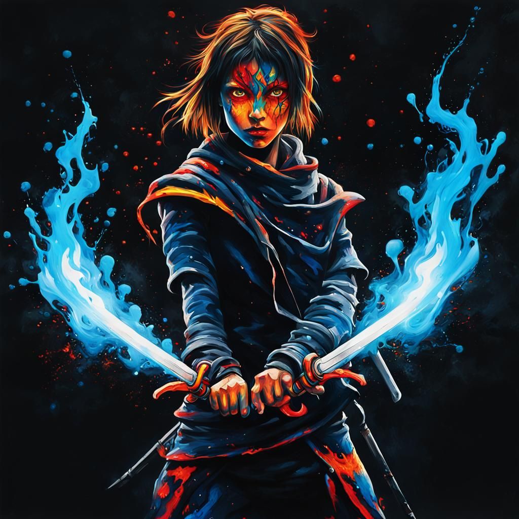 Warrior Girl in Fiery Street Art Style with Blue Flame Sword...