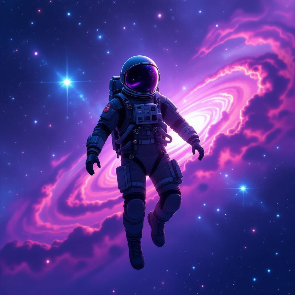 Astronaut Amidst Purple Nebulae in Digital Art