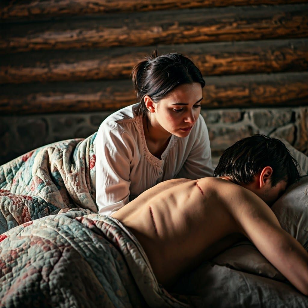 Young Woman's Tender Moment with Tormented Man in Cozy Quilt...