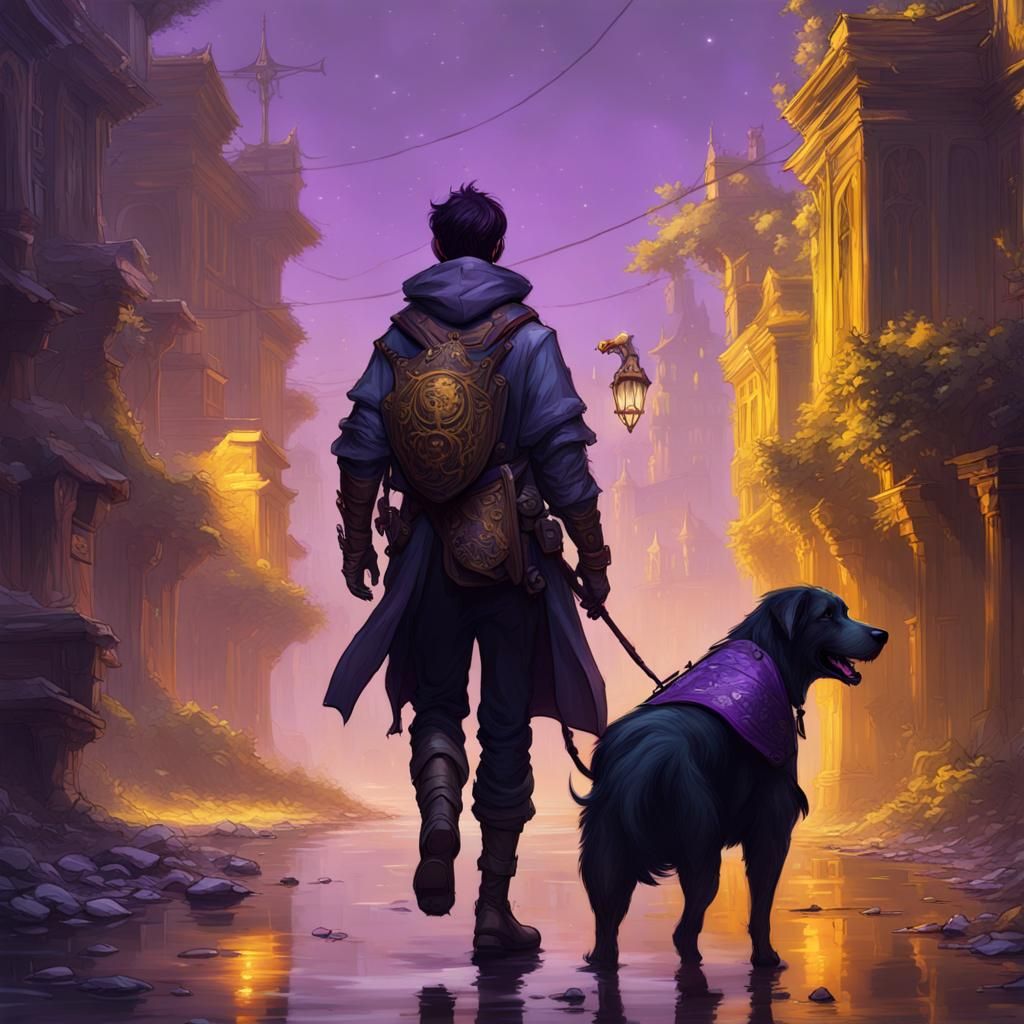 Boy and Dog in Dark Fantasy Landscape