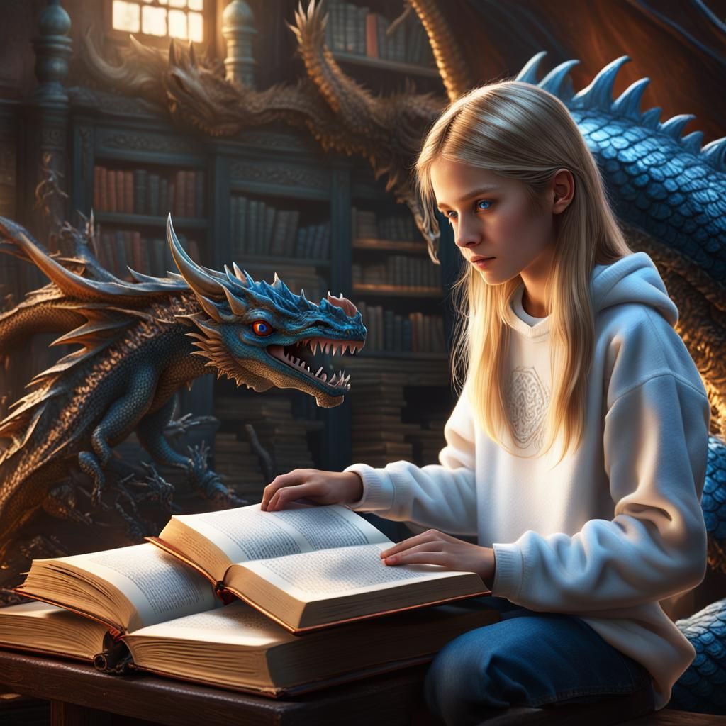 Girl Reading Dragon Book, Fantasy Concept Art