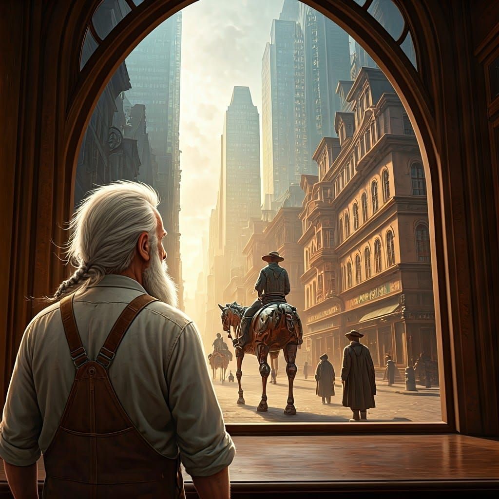 Elderly Gentleman Contemplates Futuristic Scene