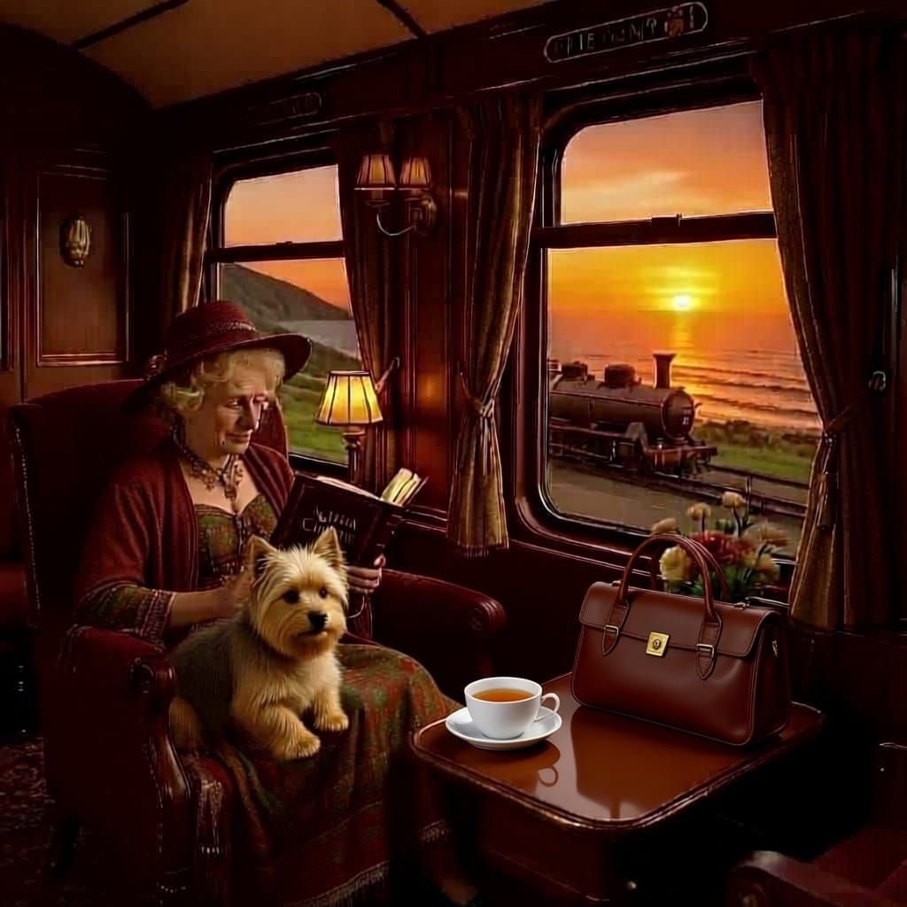 Old Woman Reads by Sea in Vintage Train