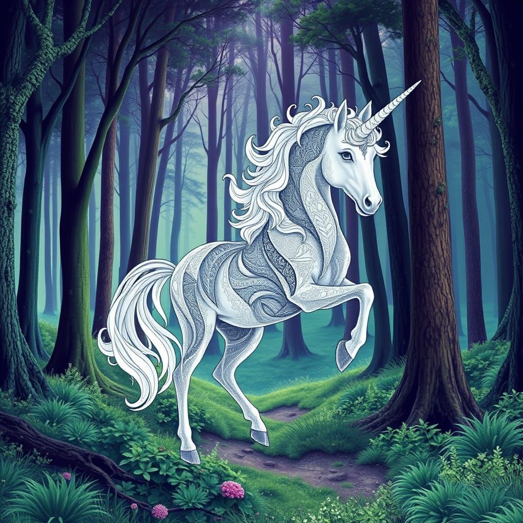 Unicorn in Forest: Abstract Vector Fractal Art